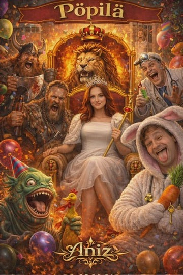 A colorful, crowded promotional poster-style artwork with the Finnish text 'Pöpilä' at the top and 'Aniz' at the bottom. A woman in a white dress sits on a throne-like chair surrounded by exaggerated figures, a lion, balloons, a green monster, a chicken, and a bunny hooded figure holding a carrot.
