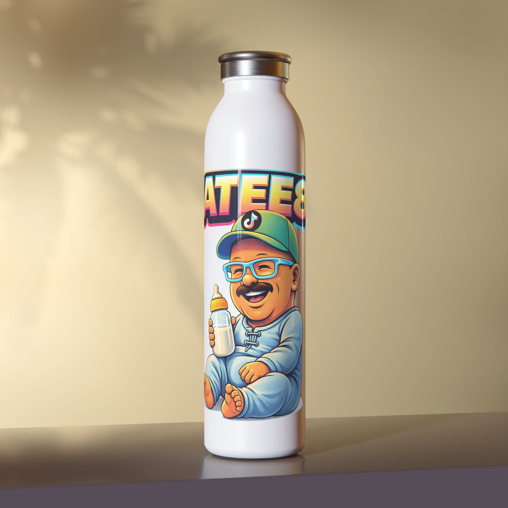 White water bottle with colorful graphic design on a beige background