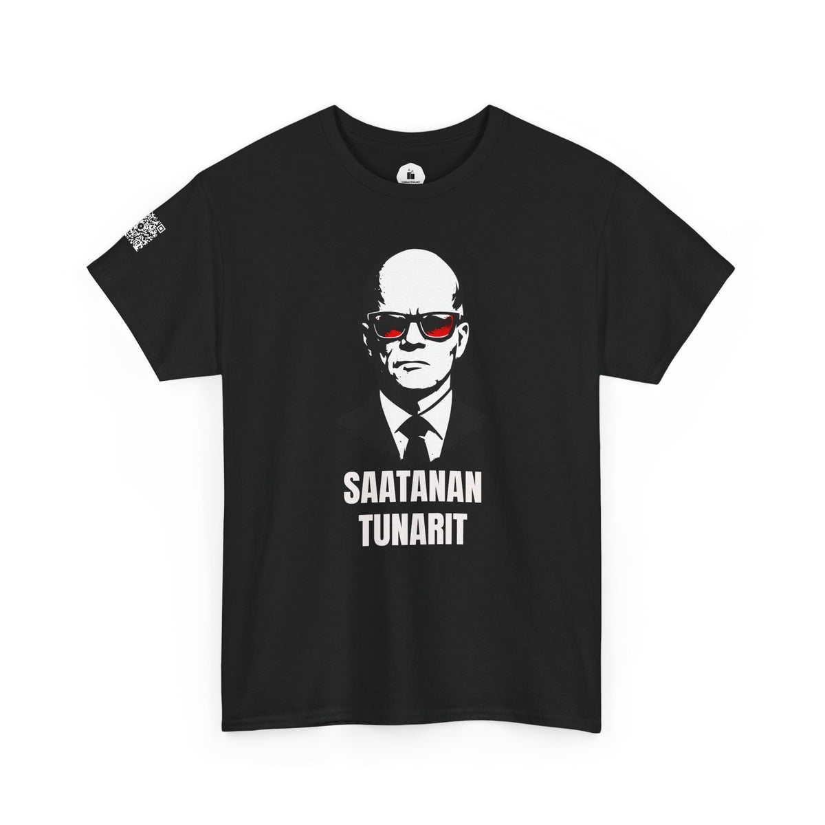 Black t-shirt with a graphic of a man in a suit and sunglasses and text on a white background