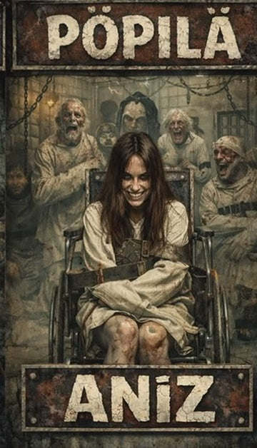 A horror-themed poster or cover art with the title 'PÖPILÉ ANĀZ' in large distressed letters. A woman in a wheelchair sits centered, smiling, while several pale, monstrous figures appear behind her in a dim, sepia-toned setting.