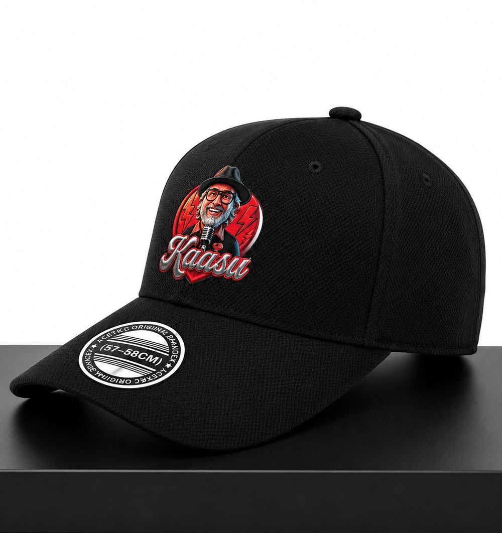 Black cap with embroidered design on a white background