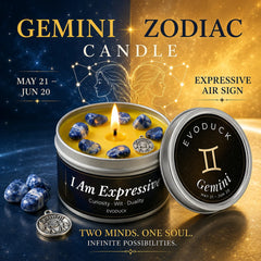 Gemini zodiac candle with decorative stones and packaging on a blue and gold background