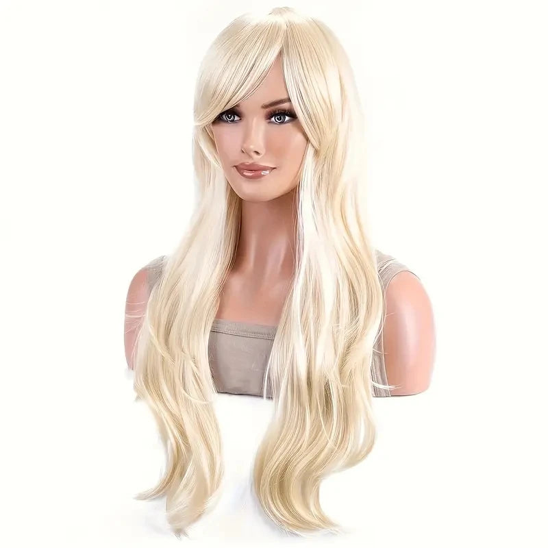 Light Golden Long Curly Wig with Bangs – Heat-Resistant Cosplay Wig for Halloween & Parties - candletown.net