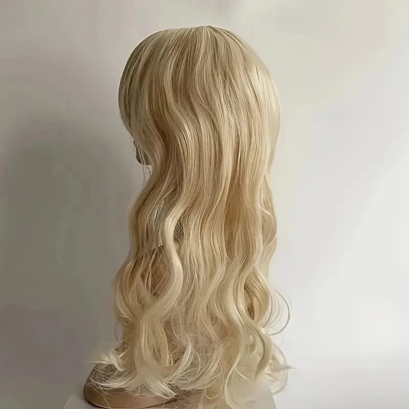 Light Golden Long Curly Wig with Bangs – Heat-Resistant Cosplay Wig for Halloween & Parties - candletown.net