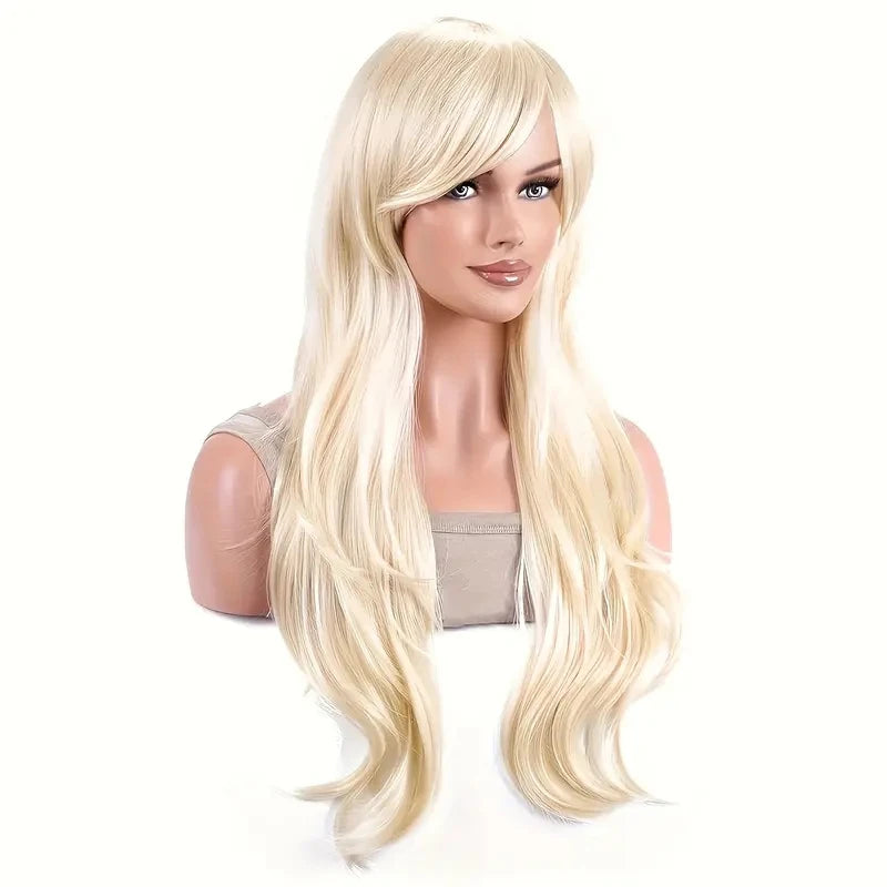 Light Golden Long Curly Wig with Bangs – Heat-Resistant Cosplay Wig for Halloween & Parties - candletown.net
