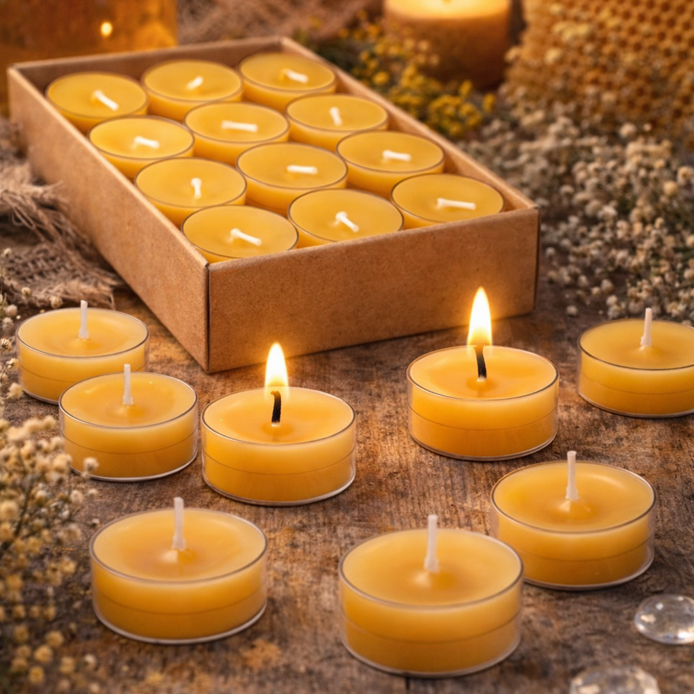 Yellow candles in a cardboard box on a wooden surface with honeycomb and honey jar in the background.