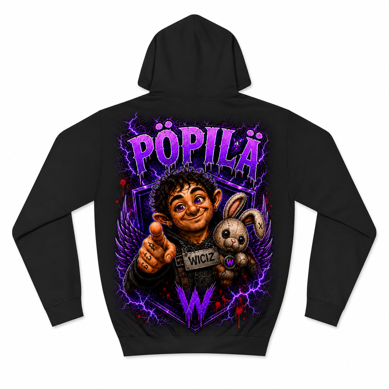 A black pullover hoodie shown from the back, featuring a large graphic print of a cartoon character with a rabbit, purple lightning effects, and the text 'PÖPILÄ' and 'WICIZ'.