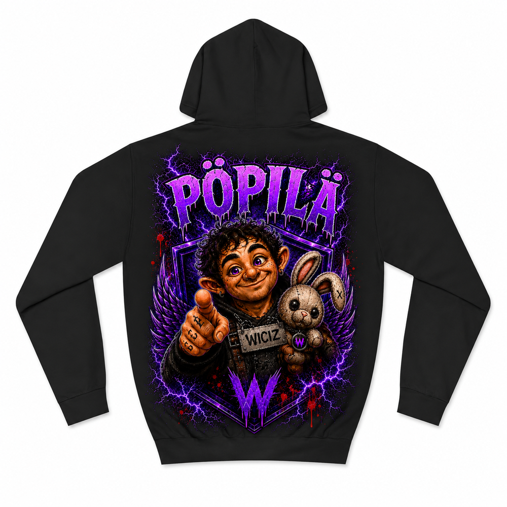 A black pullover hoodie shown from the back, featuring a large graphic print of a cartoon character with a rabbit, purple lightning effects, and the text 'PÖPILÄ' and 'WICIZ'.