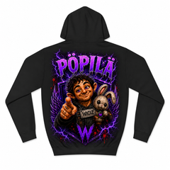 A black pullover hoodie shown from the back, featuring a large graphic print of a cartoon character with a rabbit, purple lightning effects, and the text 'PÖPILÄ' and 'WICIZ'.