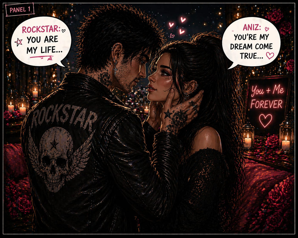 A dark romantic illustration showing two people embracing in a candlelit setting, with speech bubbles reading 'ROCKSTAR: YOU ARE MY LIFE.
