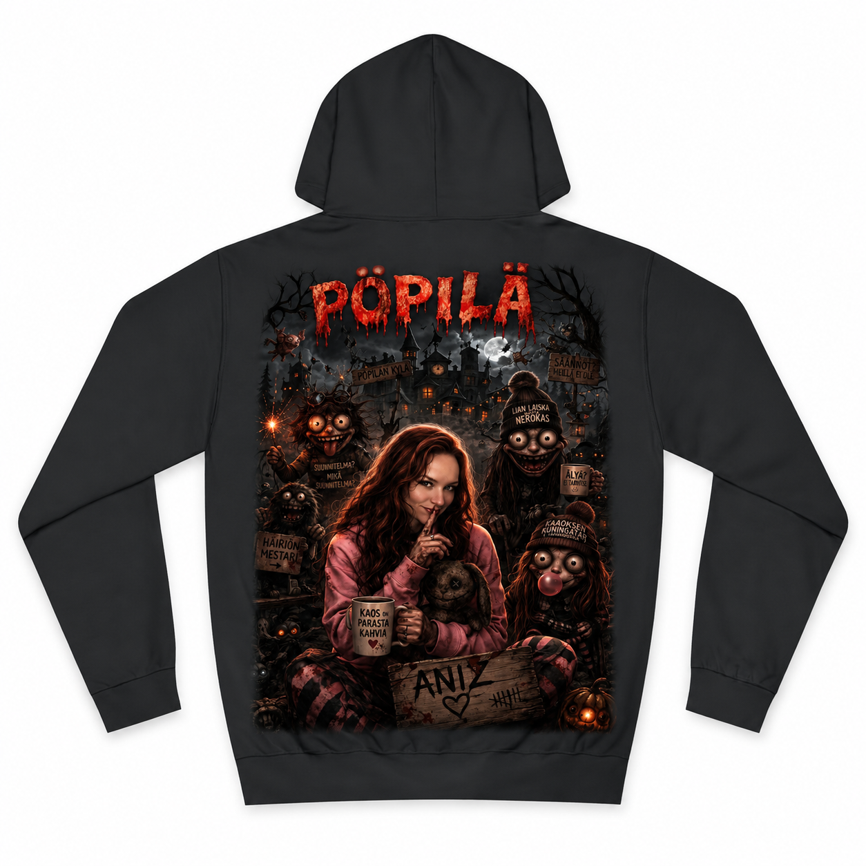 A black pullover hoodie shown from the back, featuring a large graphic print with the word 'PÖPILÄ' in dripping red letters above a dark illustrated scene with a woman and several creepy faces.