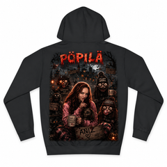 A black pullover hoodie shown from the back, featuring a large graphic print with the word 'PÖPILÄ' in dripping red letters above a dark illustrated scene with a woman and several creepy faces.