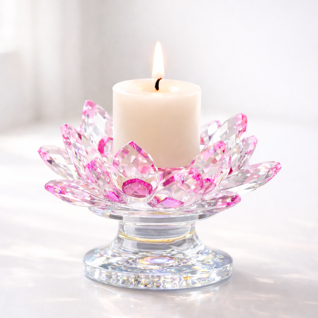 Candle holder with pink floral design holding a lit candle on a white background