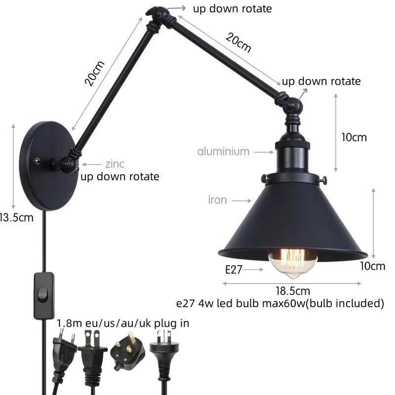 IWHD Long Arm LED Wall Light Sconce Gold Pull Chain Switch Hallway Bedroom Living Room Iron Industrial Adjustable Bedside Lamp - candletown.net