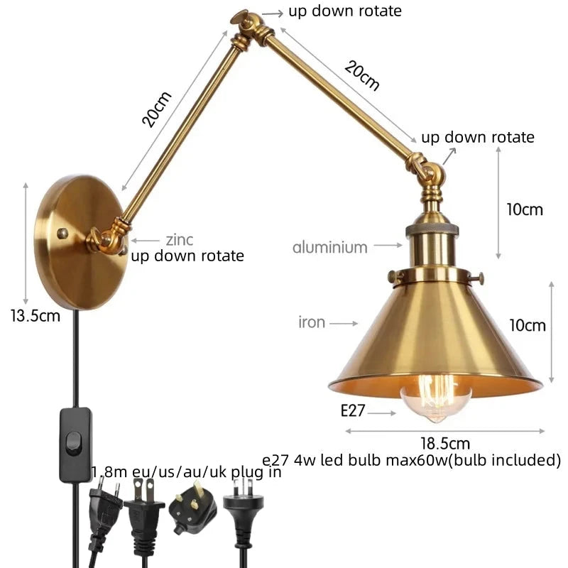 IWHD Long Arm LED Wall Light Sconce Gold Pull Chain Switch Hallway Bedroom Living Room Iron Industrial Adjustable Bedside Lamp - candletown.net