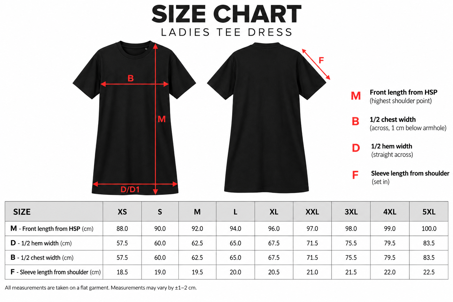 A size chart for a ladies tee dress, showing front and back views of a black dress with red measurement lines and labels, plus a size table from XS to 5XL with measurements.