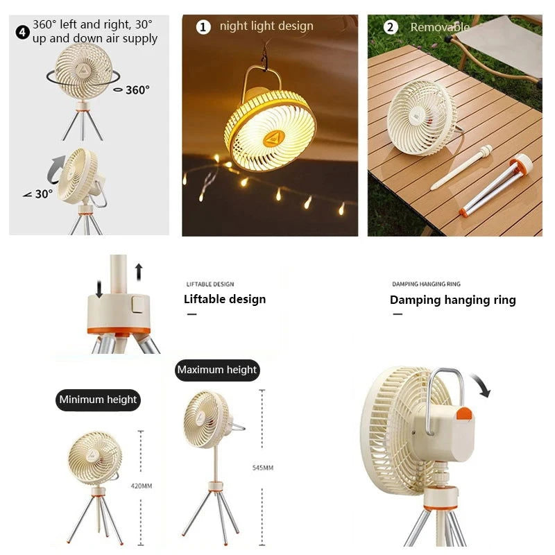 New 12000mAh Camping Fan Rechargeable Tripod Fan Portable Circulator Wireless Ceiling Electric Fan with Power Bank LED Lighting - candletown.net