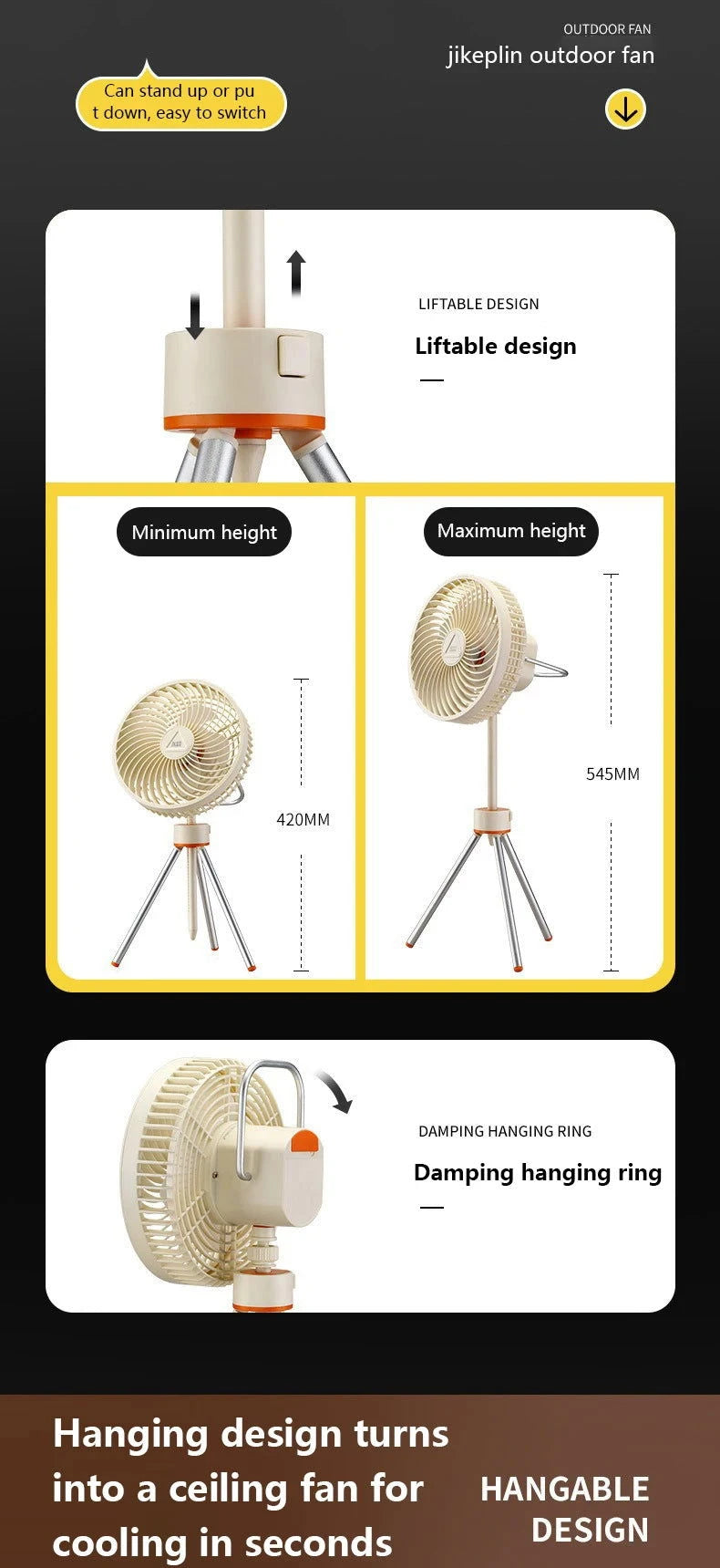 New 12000mAh Camping Fan Rechargeable Tripod Fan Portable Circulator Wireless Ceiling Electric Fan with Power Bank LED Lighting - candletown.net