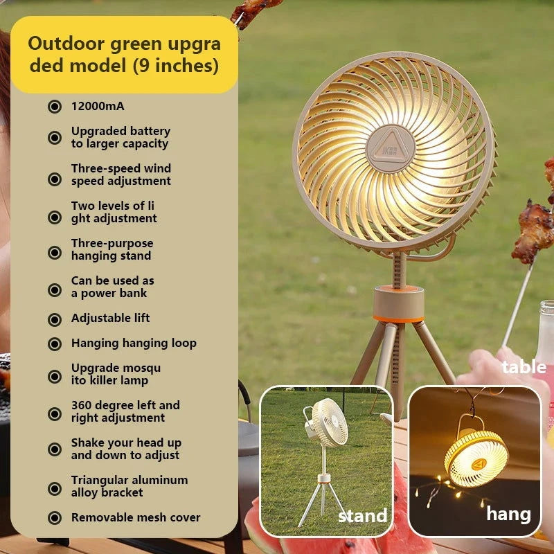 New 12000mAh Camping Fan Rechargeable Tripod Fan Portable Circulator Wireless Ceiling Electric Fan with Power Bank LED Lighting - candletown.net