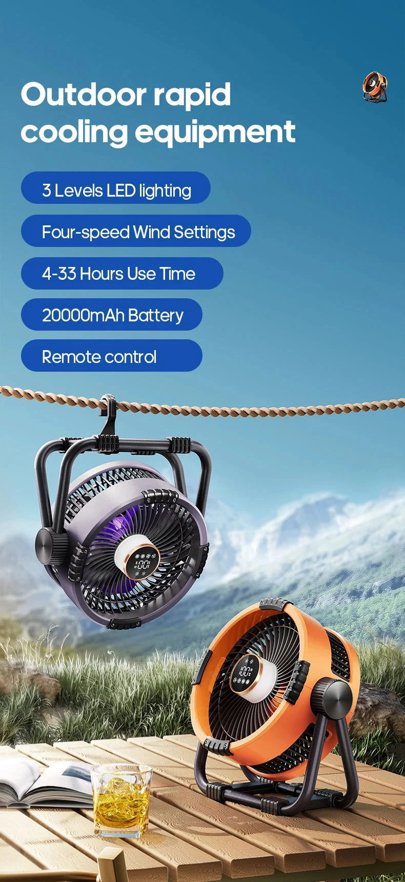 Portable 6 in 1 Outdoor Camping Fan 20000mAh Rechargeable Wireless Tent Ceiling Fan 4 Speed Adjustment LED Lighting Power Bank - candletown.net