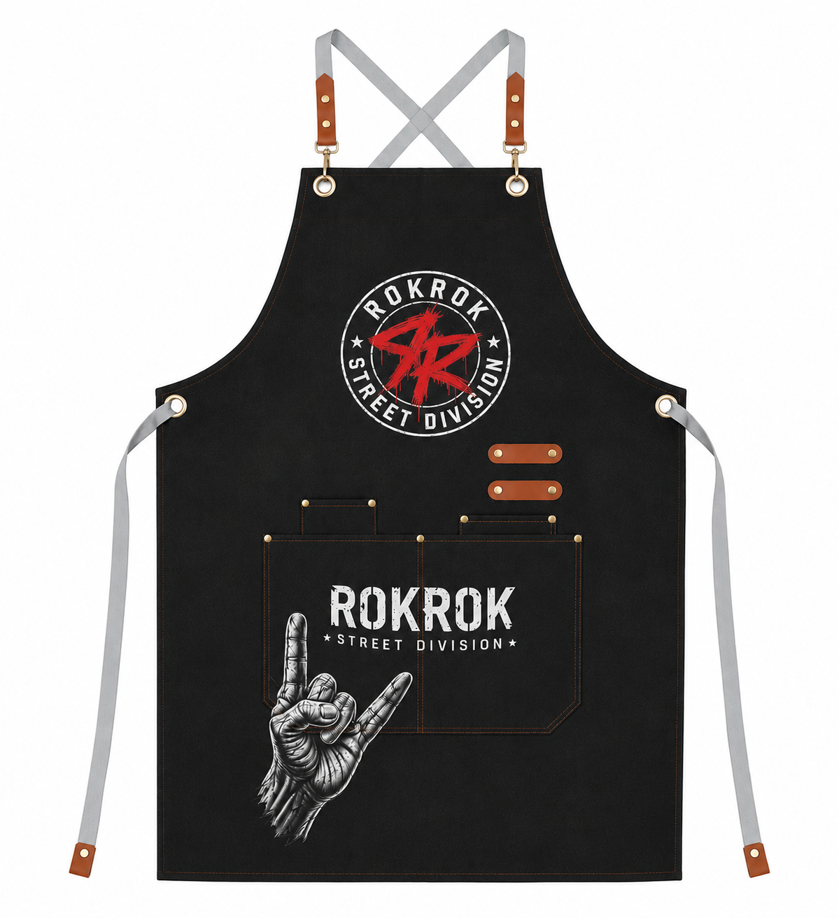 A black apron with gray straps and brown leather accents, featuring 'ROKROK STREET DIVISION' graphics on the chest and front pocket.