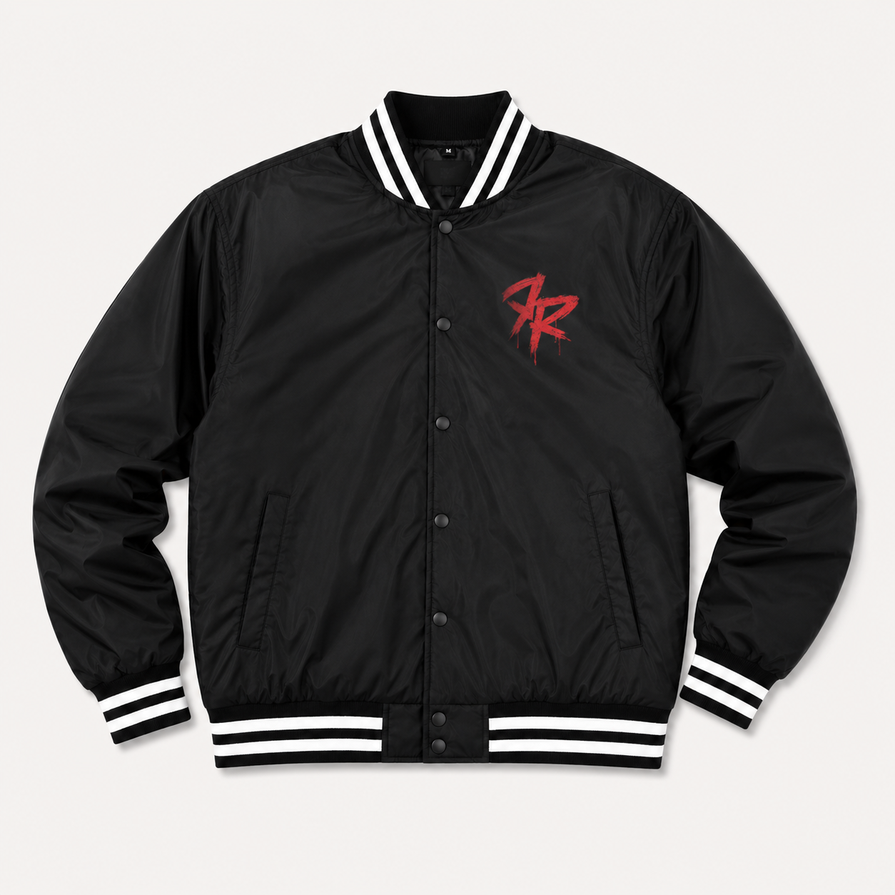 A black varsity-style jacket with white striped ribbed collar, cuffs, and hem, featuring a red embroidered 'RR' logo on the left chest, displayed on a light beige background.