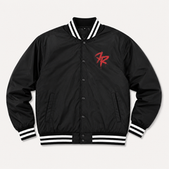 A black varsity-style jacket with white striped ribbed collar, cuffs, and hem, featuring a red embroidered 'RR' logo on the left chest, displayed on a light beige background.