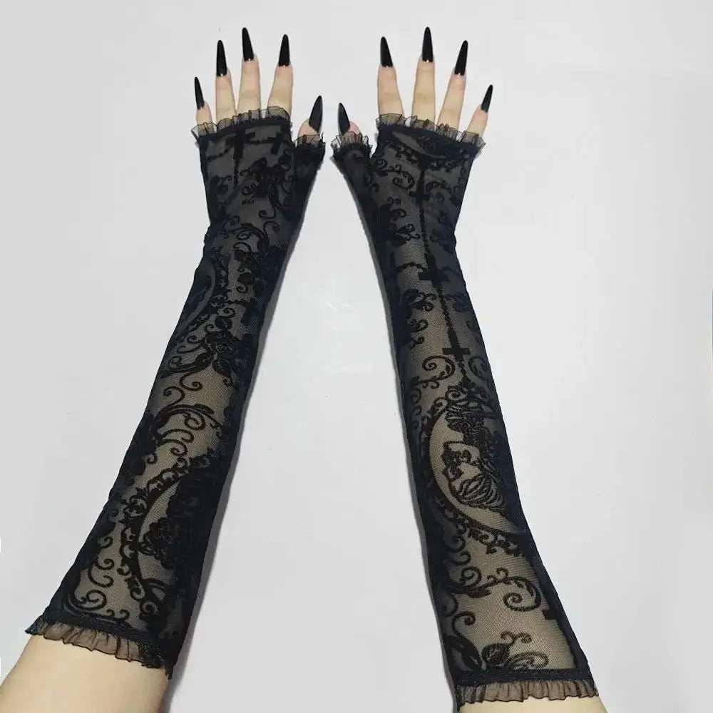 Skeleton Cross Lace Fingerless Gloves – Halloween Cosplay Accessory - candletown.net