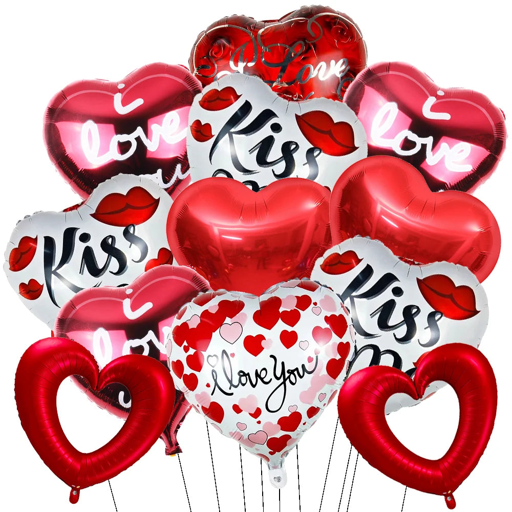 Bouquet of heart-shaped balloons with 'love', 'kiss', and 'I love you' text on a white background