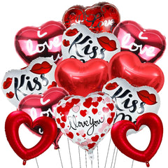 Bouquet of heart-shaped balloons with 'love', 'kiss', and 'I love you' text on a white background
