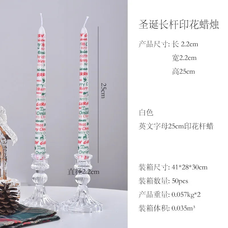 Two Christmas-themed candles with English text on a gray background, accompanied by product dimensions and packaging details.