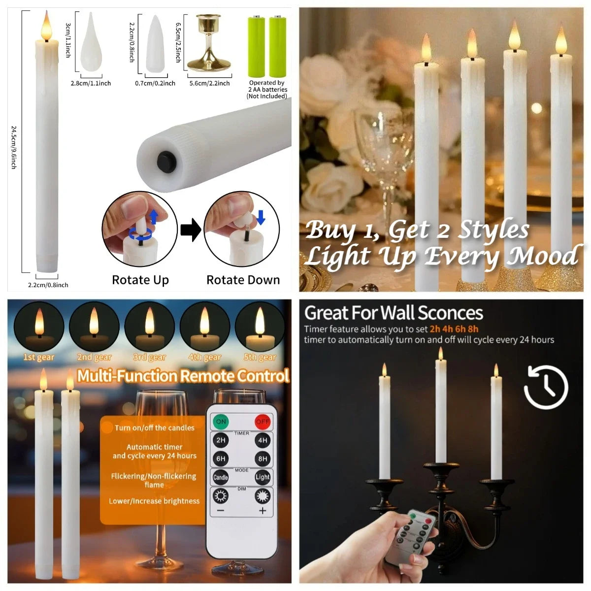 6Pcs Flameless LED Taper Candle Set with Timer and Holders - candletown.net