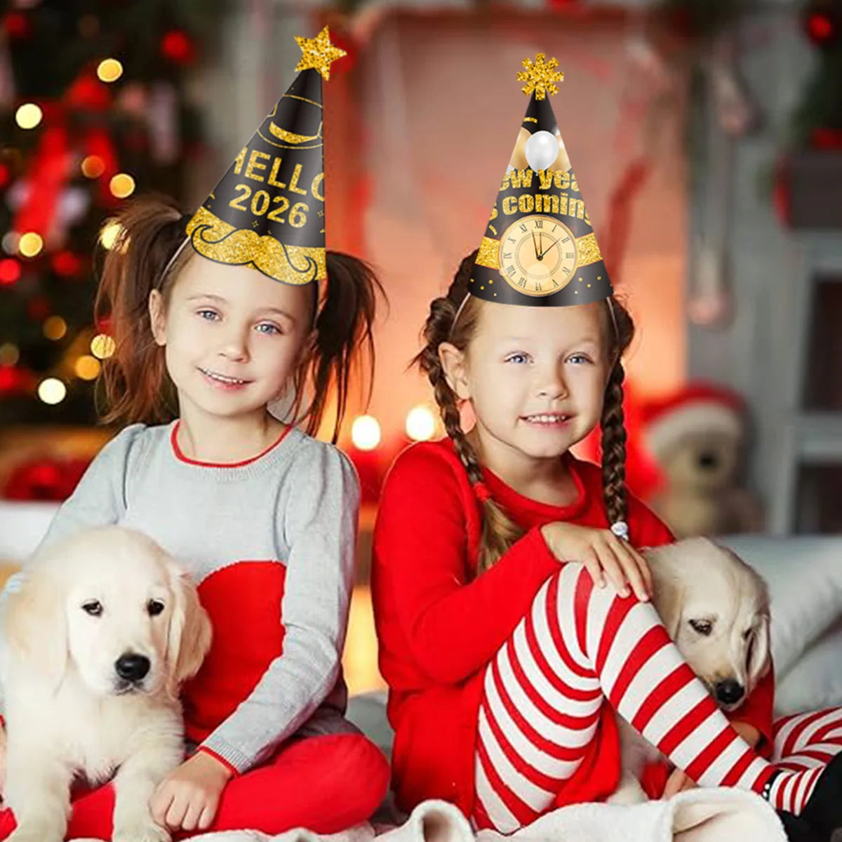 6pcs Black & Gold 2026 New Year Paper Cone Hats