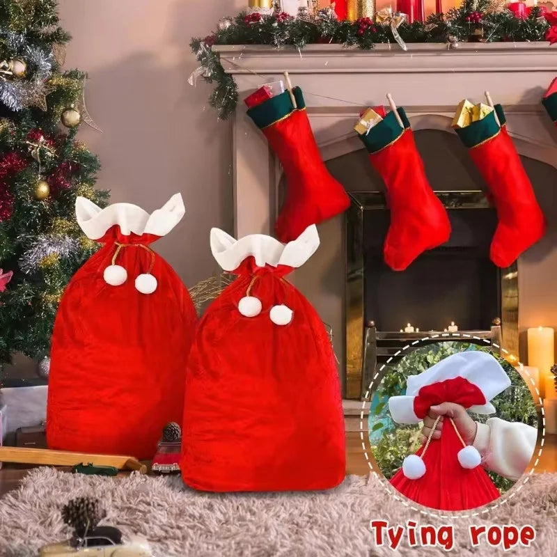 Red Christmas stockings with white trim hanging by a fireplace and decorated tree.