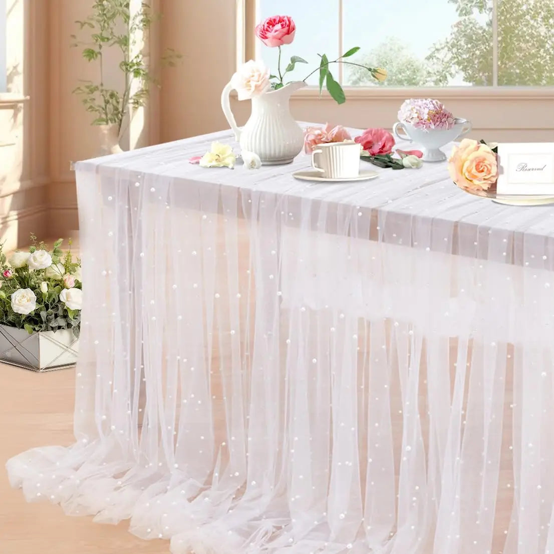 White Pearl Table Runner – Lace Tulle Wedding Decor - candletown.net