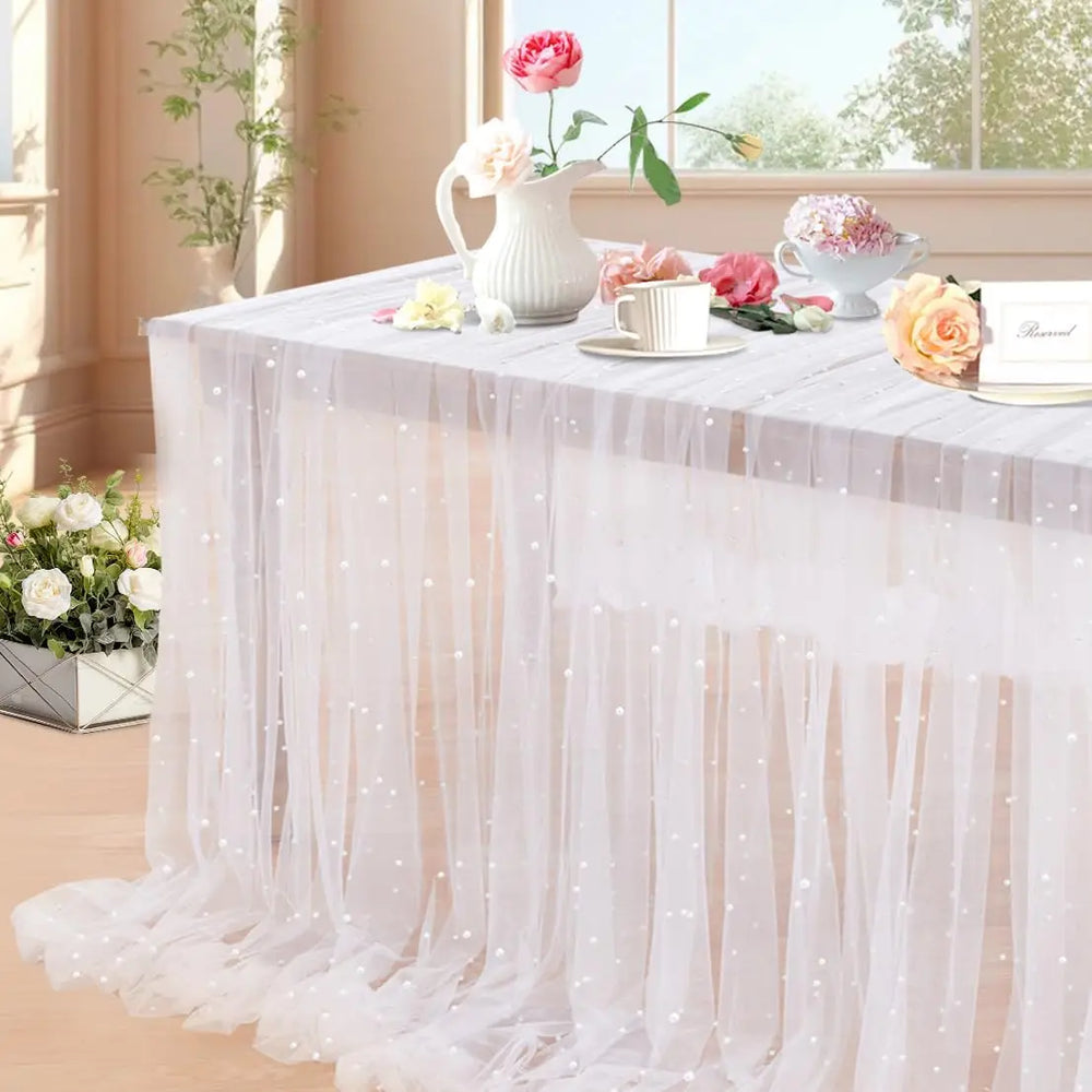 White Pearl Table Runner – Lace Tulle Wedding Decor - candletown.net