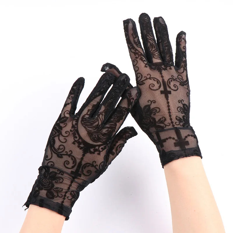 Skeleton Cross Lace Fingerless Gloves – Halloween Cosplay Accessory - candletown.net
