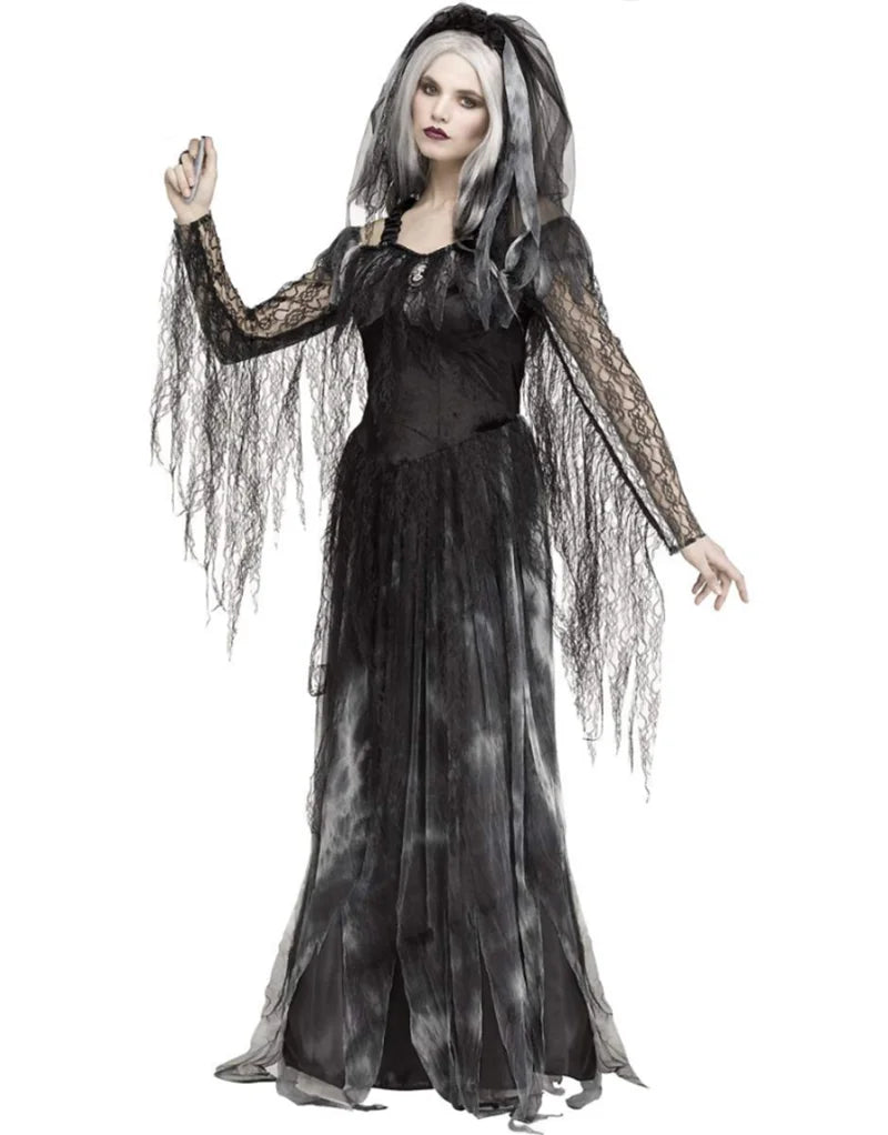 Gothic Ghost Bride Costume – Halloween Vampire & Witch Dress Set for Women - candletown.net