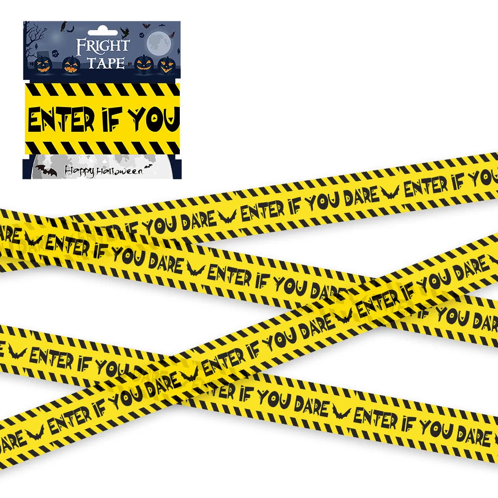 Halloween-themed caution tape with 'Enter if you dare' text, displayed with packaging.
