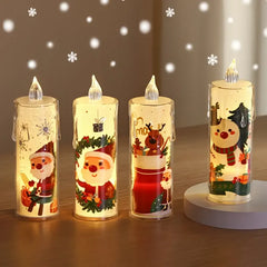 Set of four decorative candles with Christmas-themed designs on a wooden surface.