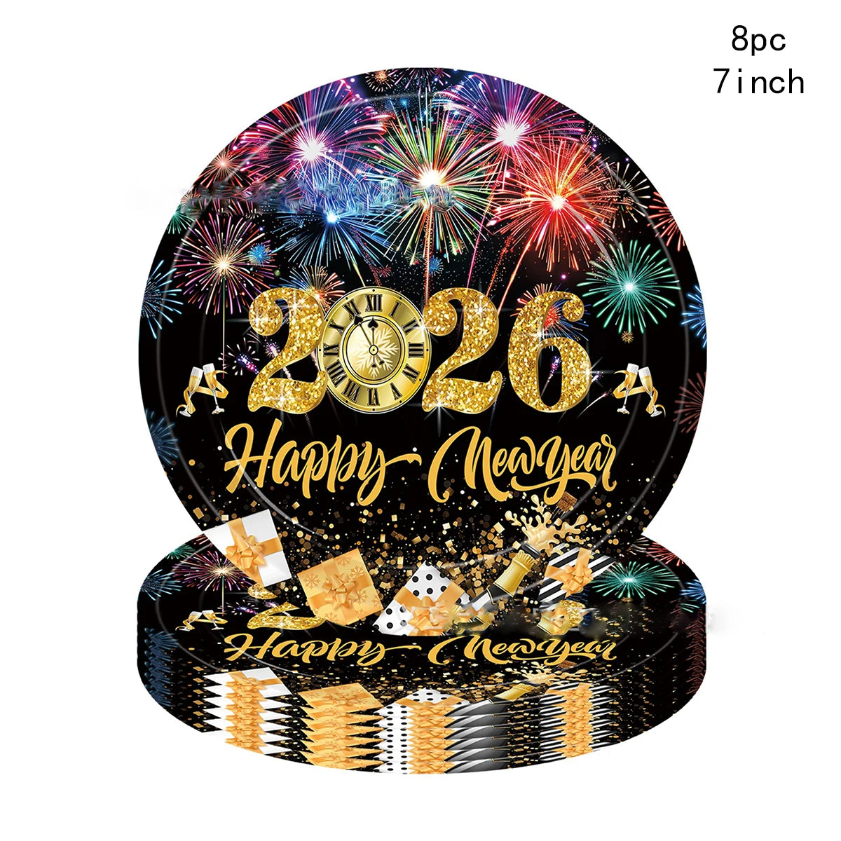 Packaging of New Year's Eve balloons with fireworks and 'Happy New Year 2026' text.