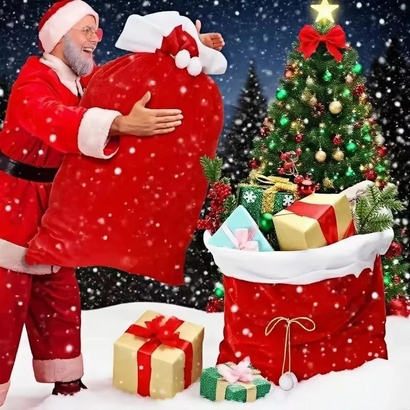 Santa Claus with a large red sack full of gifts, Christmas tree with decorations, and presents on snow-covered ground.