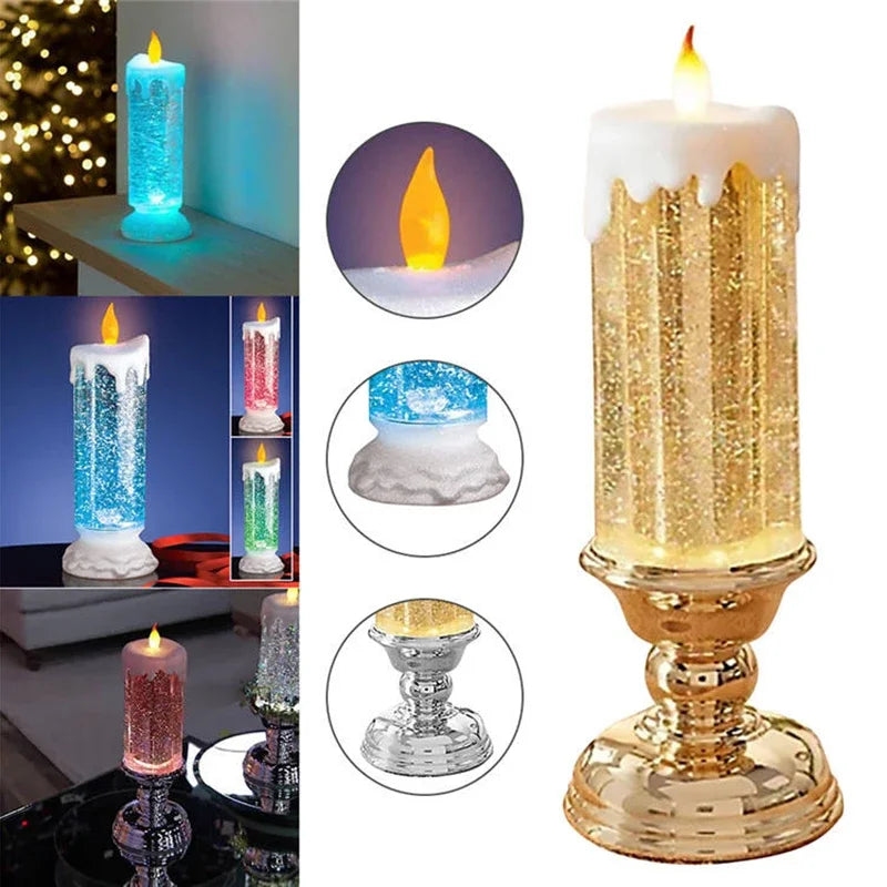 Decorative candles with different designs and colors, including a gold candle with a flame.
