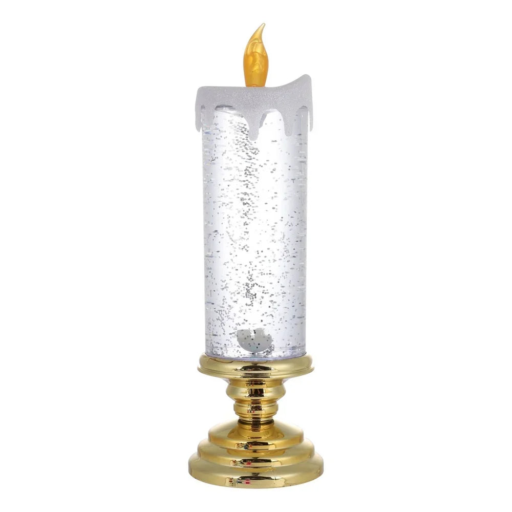 Decorative candle with a gold base and clear, bubbly glass on a white background