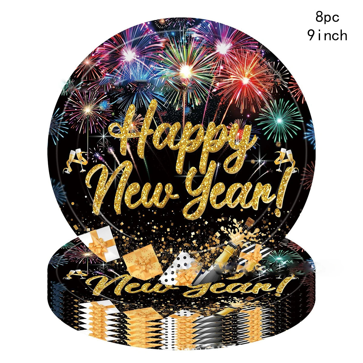 New Year's Eve party decorations with fireworks and 'Happy New Year!' text on a black background.