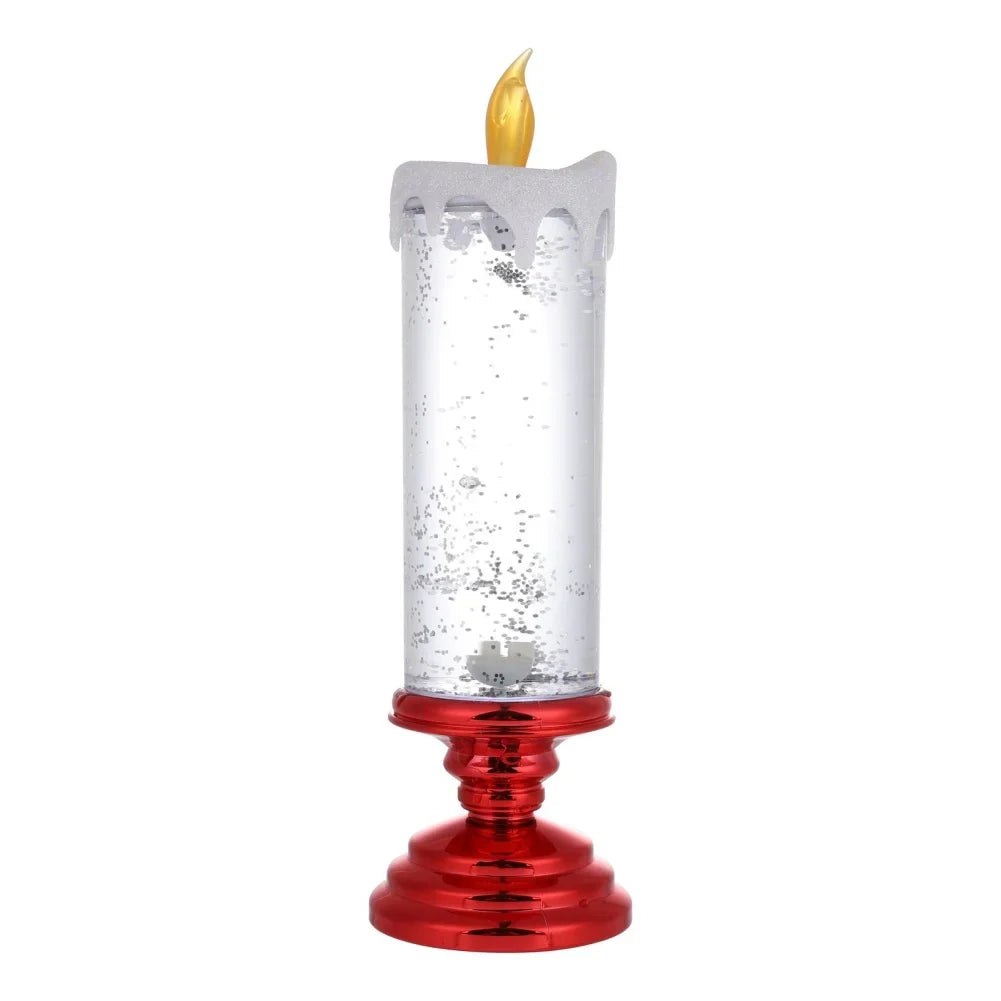 Decorative candle with a red base and clear glass container on a white background