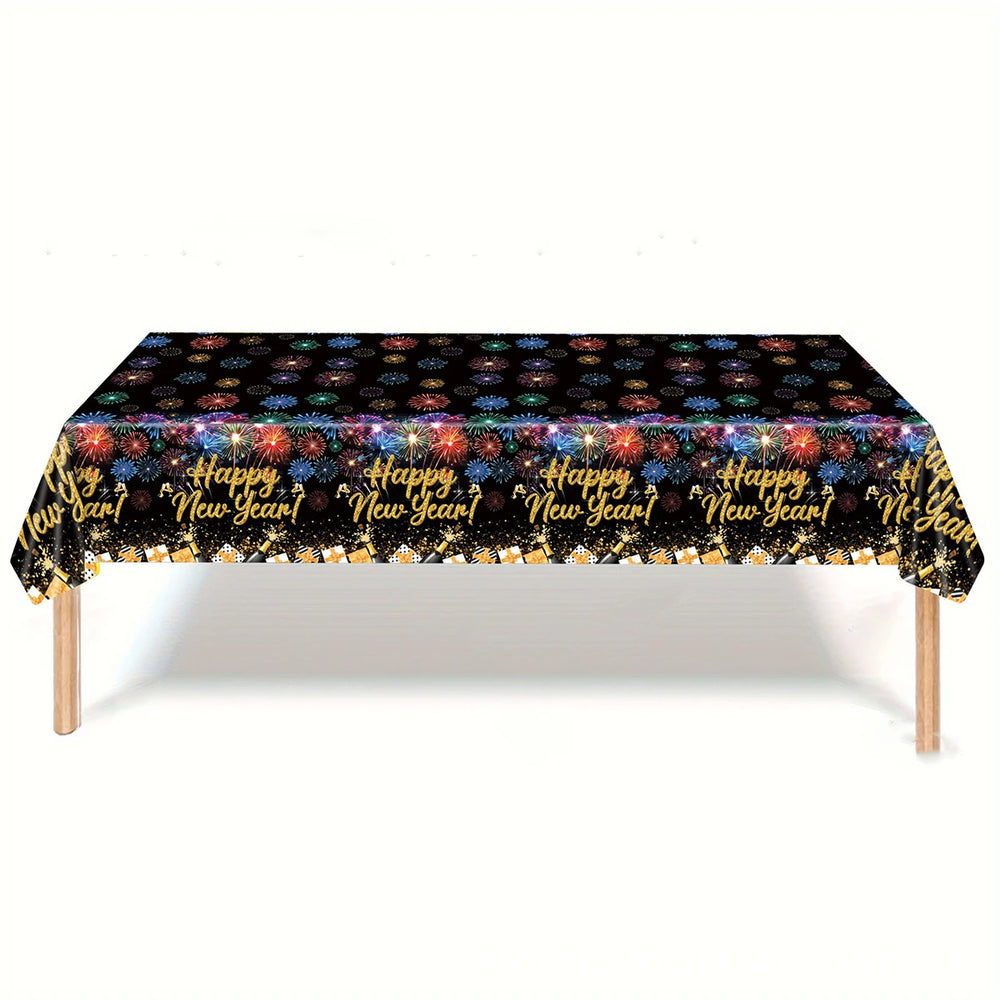 Tablecloth with 'Happy New Year!' text and fireworks design on a black background