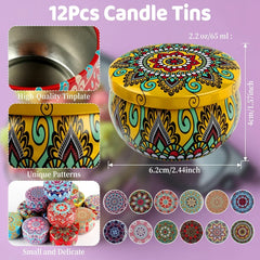 Colorful candle tins with intricate patterns on a purple background