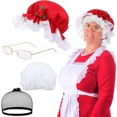 Person wearing a red and white costume with a hat, glasses, and apron, surrounded by additional accessories.