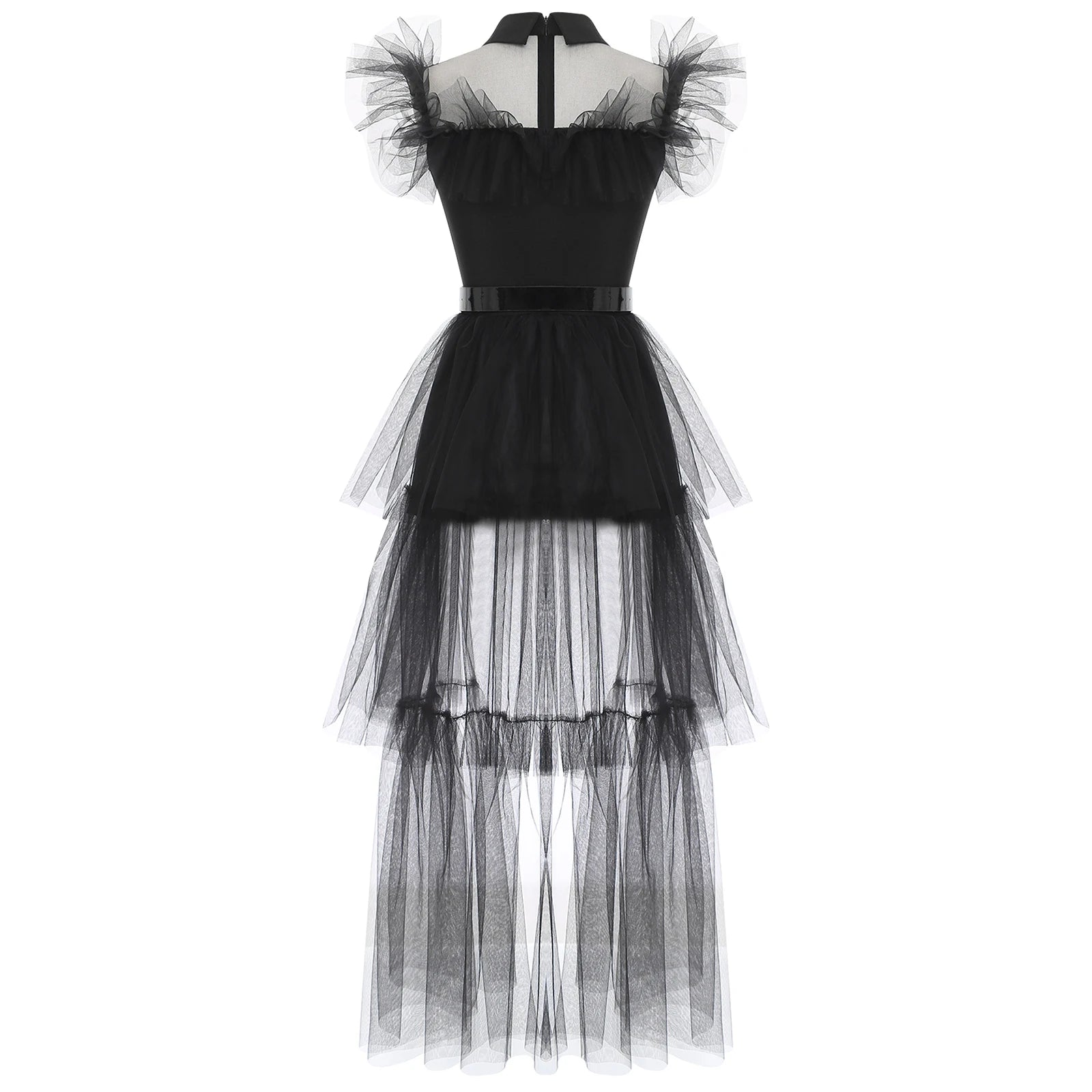 Gothic Witch Halloween Costume for Adults – Ruffled Mesh Long Dress with Belt - candletown.net
